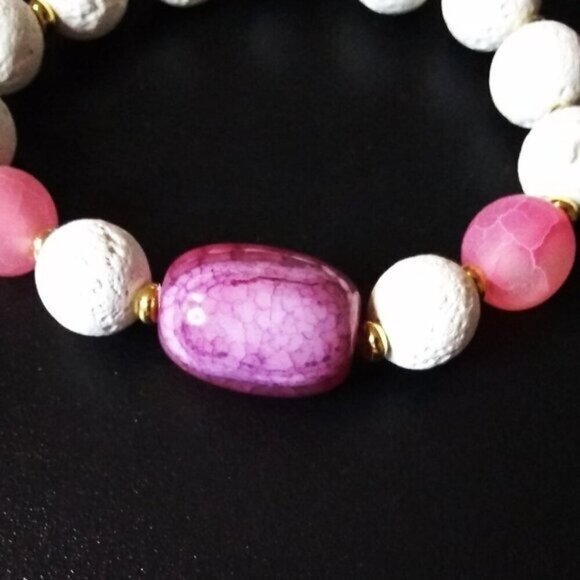 White Lava Rock Beads + Pink Dragonvein Agate ~ Petite Chunky Stretch Bracelet - Picture 4 of 8